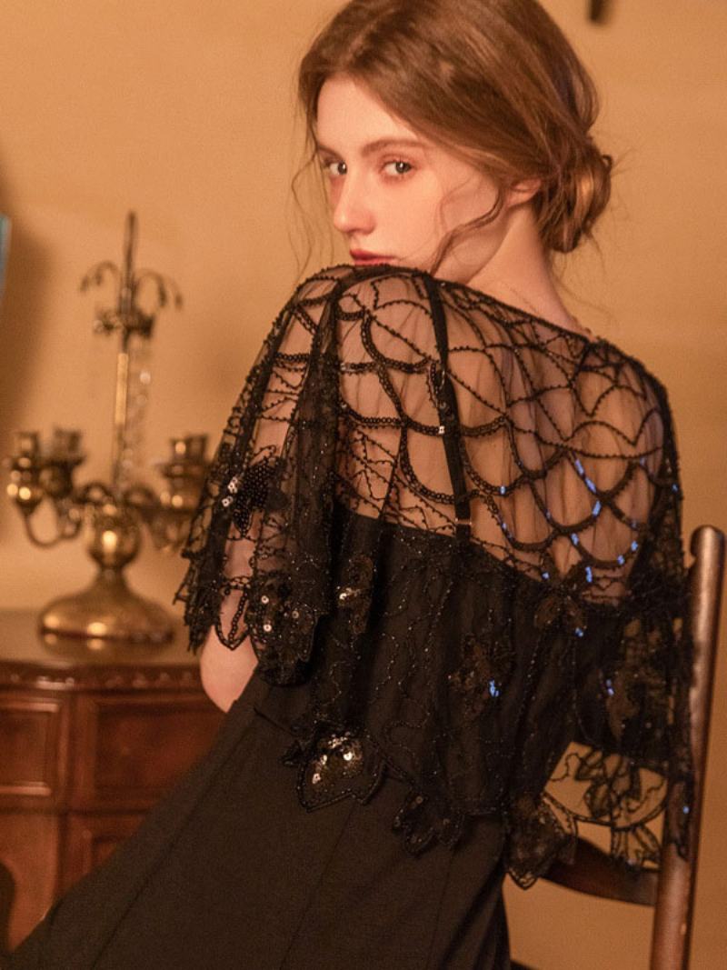 1920 Γυναικεία Poncho V-neck Sheer Sequins Cape - Μαύρο