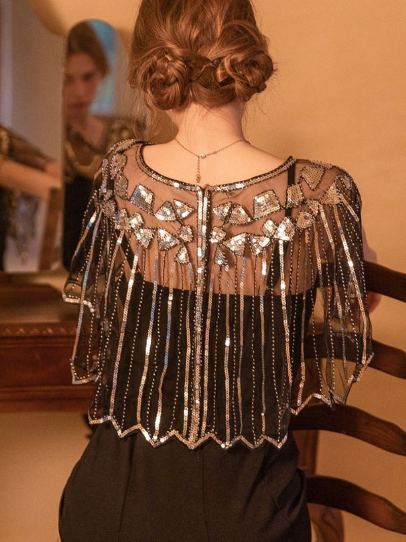 1920 Γυναικεία Poncho V-neck Sheer Sequins Cape - Μαύρος Χρυσός