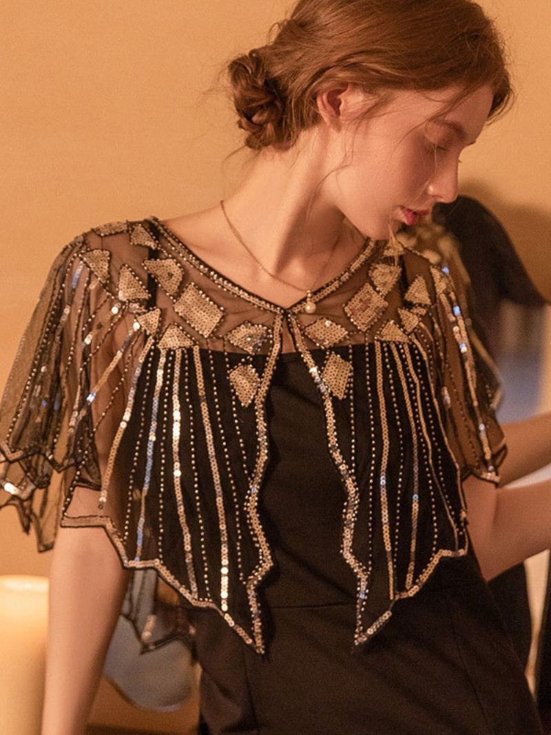 1920 Γυναικεία Poncho V-neck Sheer Sequins Cape - Μαύρος Χρυσός