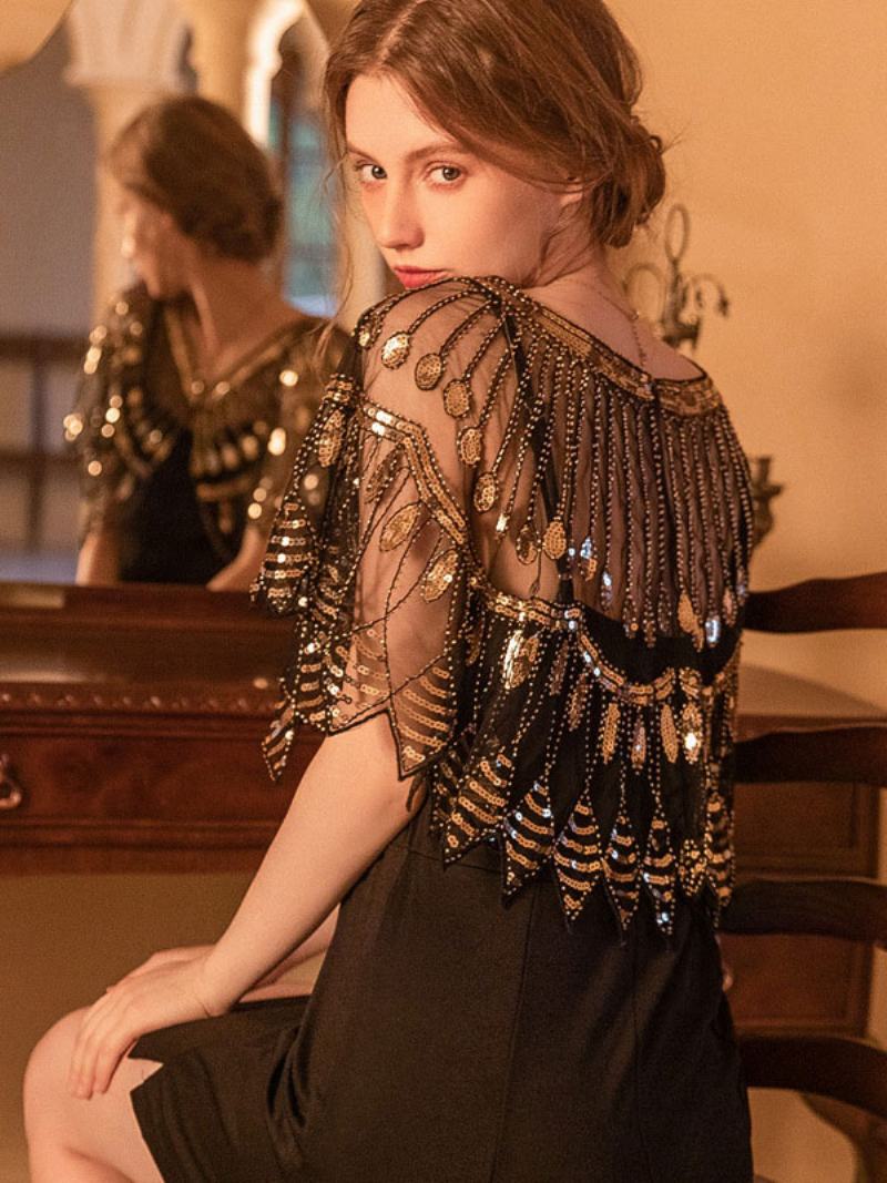 1920 Γυναικεία Poncho V-neck Sheer Sequins Cape - Μαύρος Χρυσός