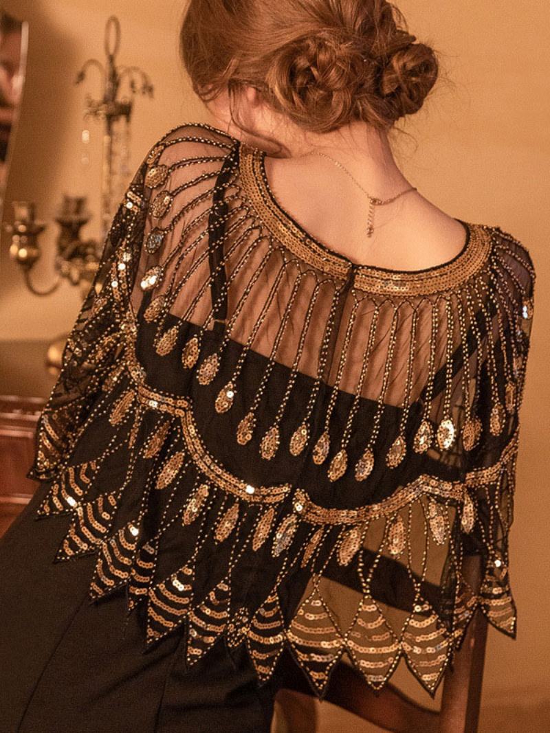 1920 Γυναικεία Poncho V-neck Sheer Sequins Cape - Μαύρος Χρυσός