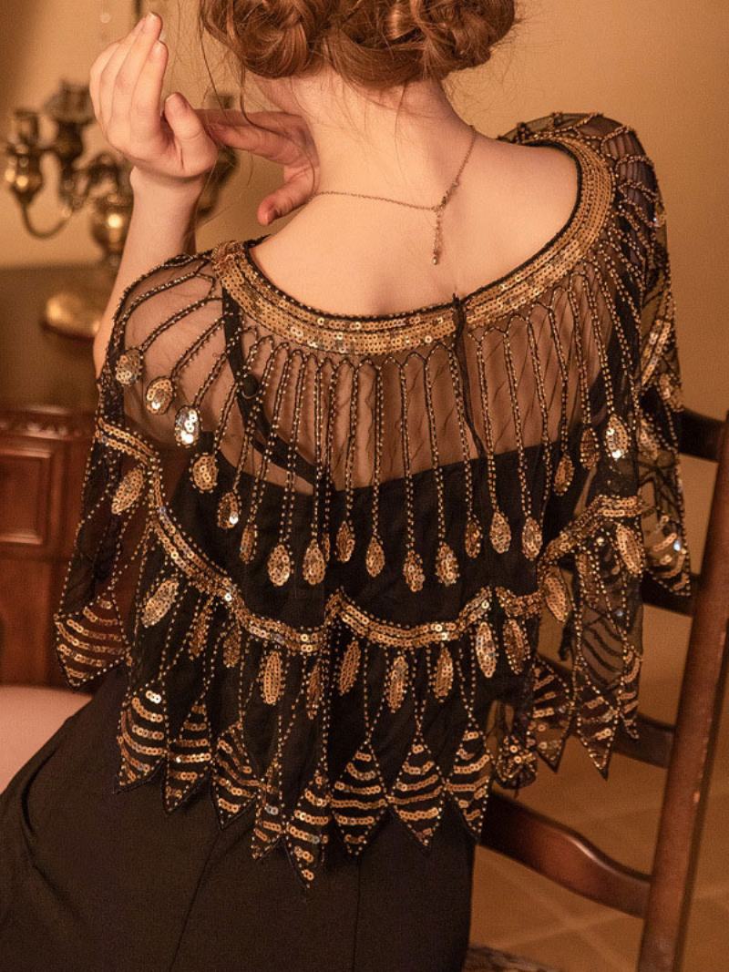 1920 Γυναικεία Poncho V-neck Sheer Sequins Cape - Μαύρος Χρυσός