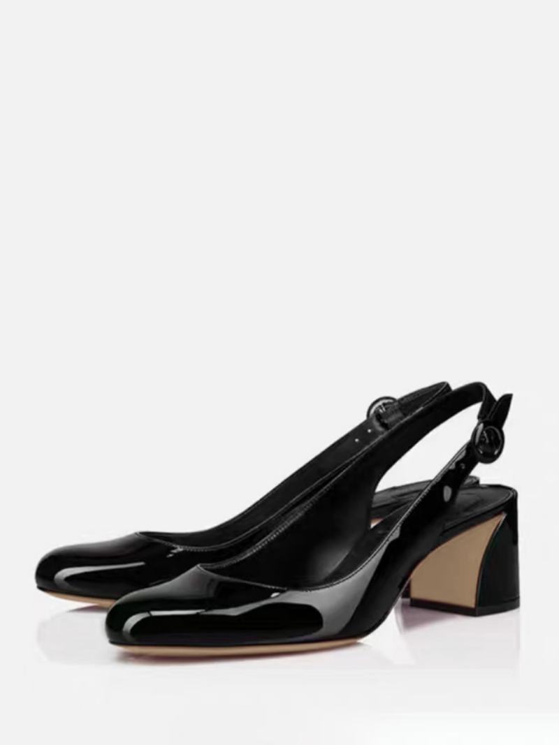 Black Block Heel Pumps Γυναικεία Τετράγωνα Δάχτυλα Slingback