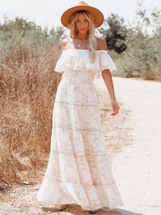 Boho Maxi Dress Off Shoulder White Flower Μακρύ Φόρεμα Με Στρώση Σε Γραμμή Α Για Γυναίκες