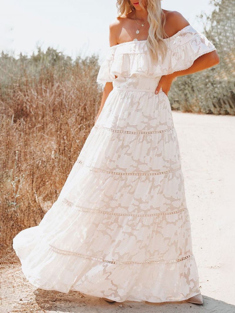 Boho Maxi Dress Off Shoulder White Flower Μακρύ Φόρεμα Με Στρώση Σε Γραμμή Α Για Γυναίκες - Λευκό