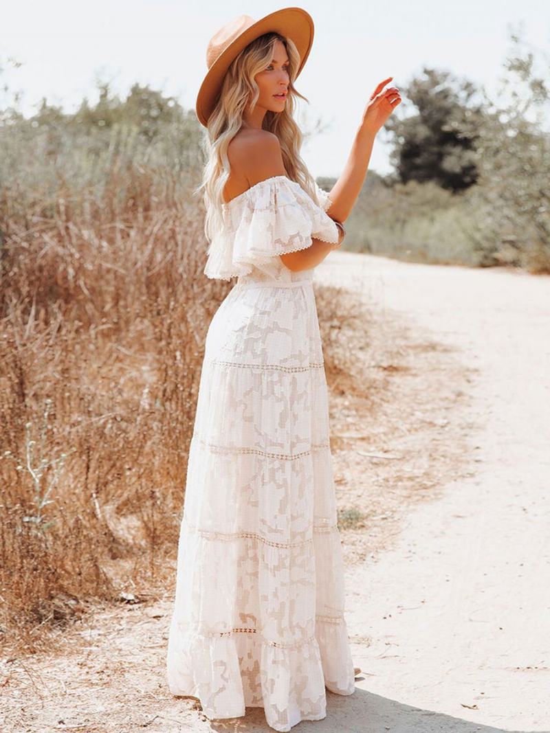 Boho Maxi Dress Off Shoulder White Flower Μακρύ Φόρεμα Με Στρώση Σε Γραμμή Α Για Γυναίκες - Λευκό