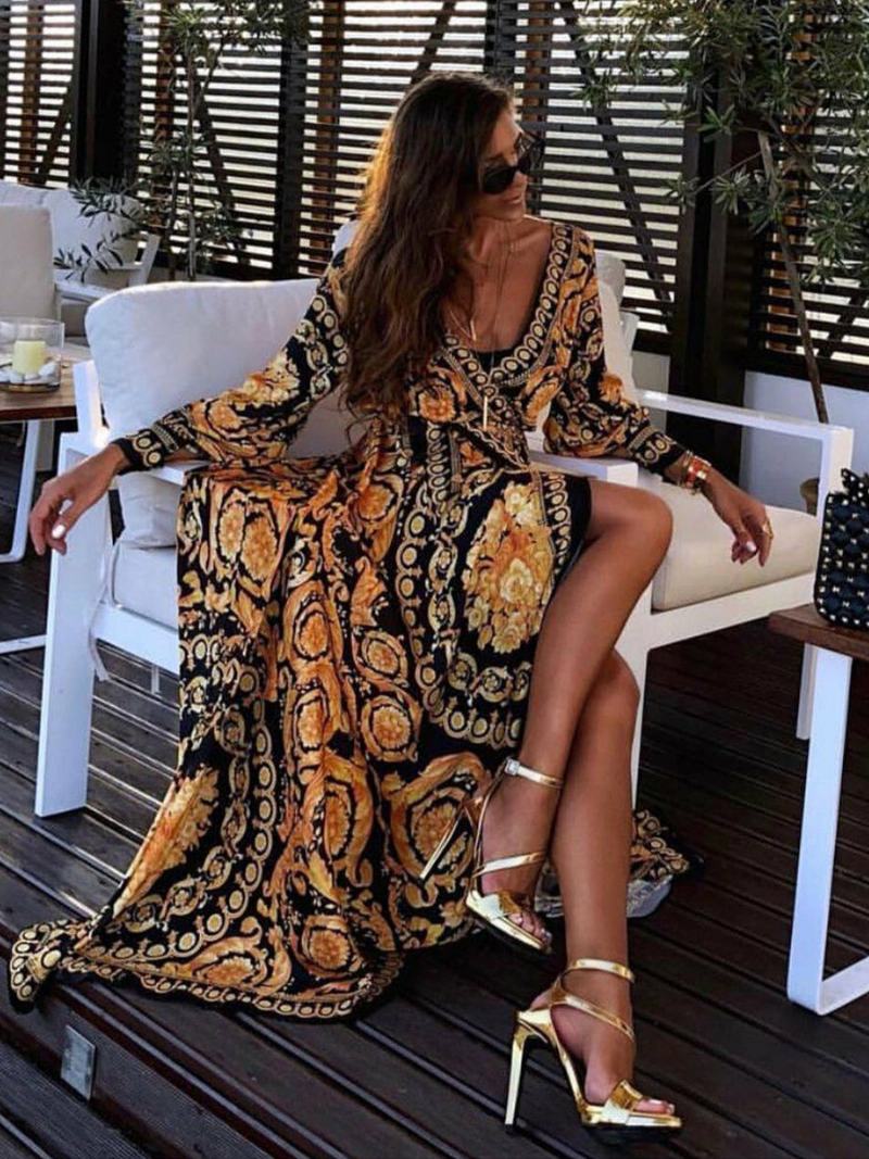 Boho Maxi Φορέματα Μακριά Μανίκια Με Στάμπα V-λαιμόκοψη Μακρύ Φόρεμα Για Γυναίκες