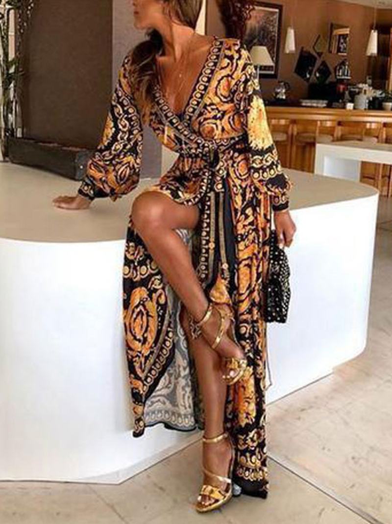 Boho Maxi Φορέματα Μακριά Μανίκια Με Στάμπα V-λαιμόκοψη Μακρύ Φόρεμα Για Γυναίκες - Χρυσαφένιος