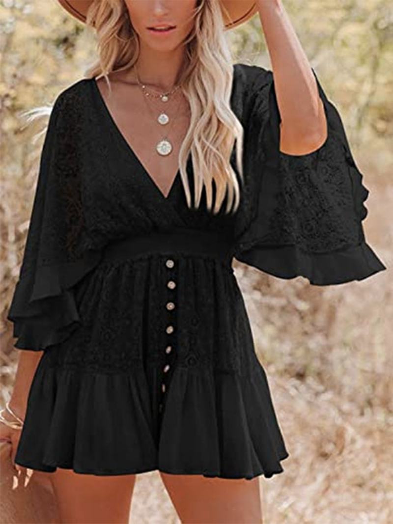 Boho Φόρεμα Lace V Neck Batwing White Flare Mini Για Γυναίκες - Μαύρο