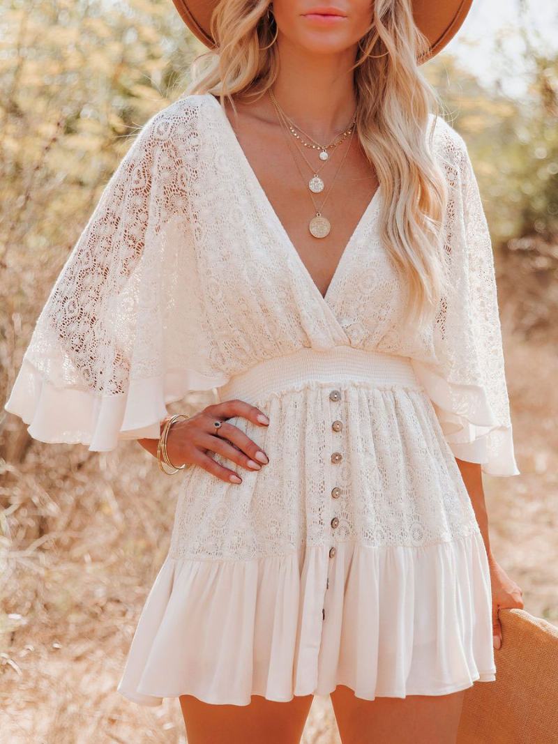 Boho Φόρεμα Lace V Neck Batwing White Flare Mini Για Γυναίκες - Λευκό