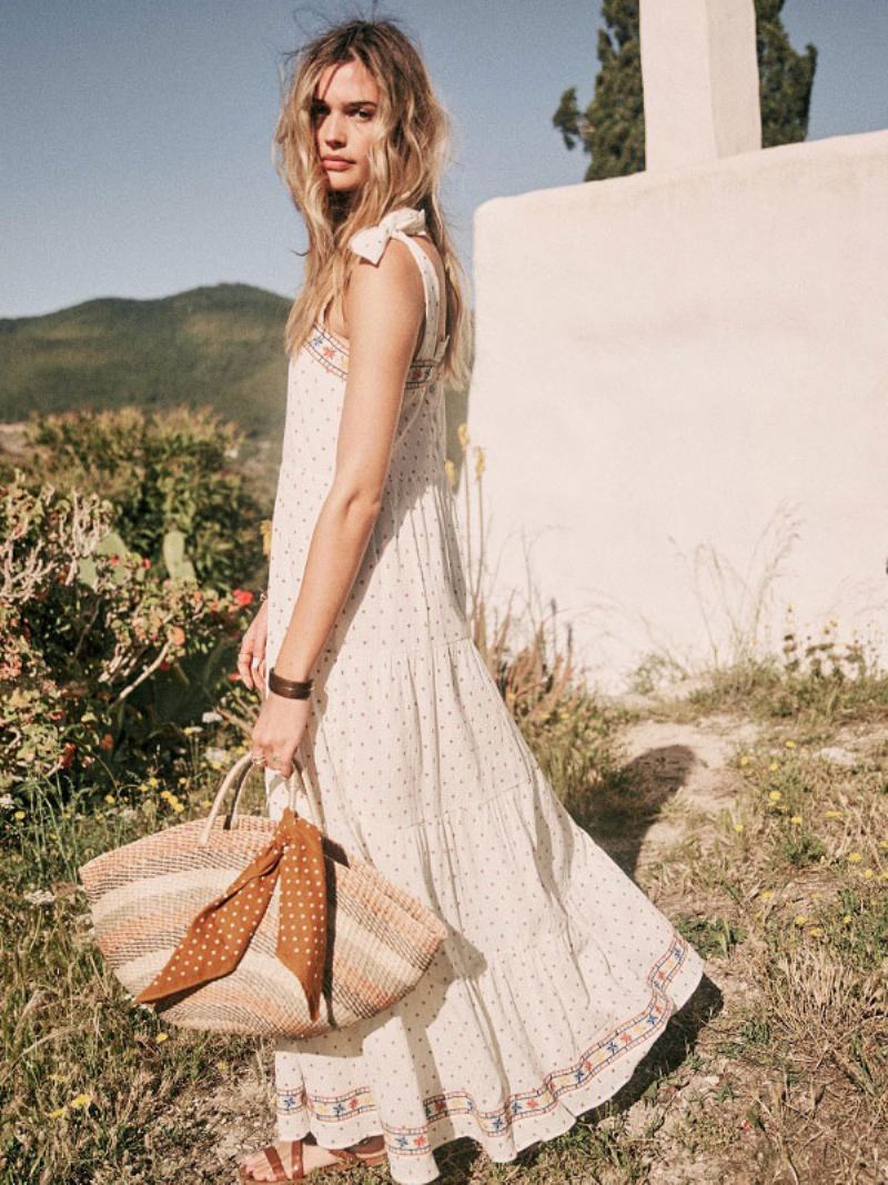 Boho Φόρεμα Λευκό Αμάνικο Bohemian Gypsy Beach Vacation Summer Maxi Slip Shift Για Γυναίκες - Άσπρο