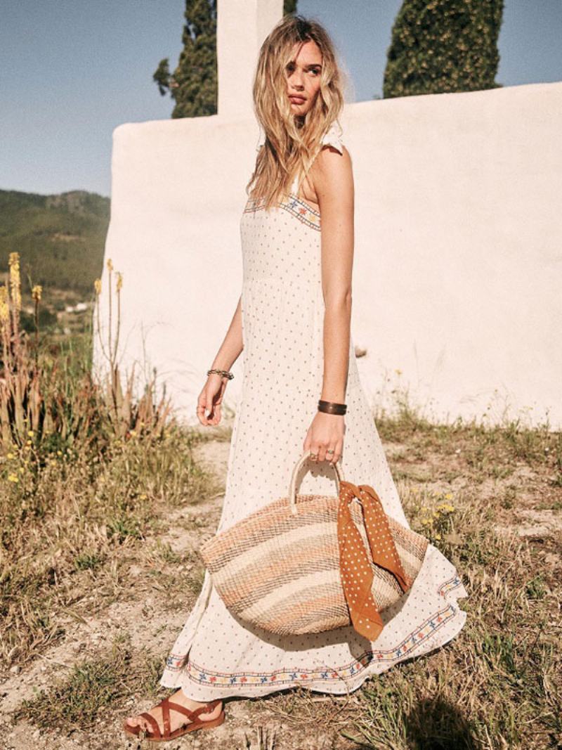 Boho Φόρεμα Λευκό Αμάνικο Bohemian Gypsy Beach Vacation Summer Maxi Slip Shift Για Γυναίκες - Άσπρο