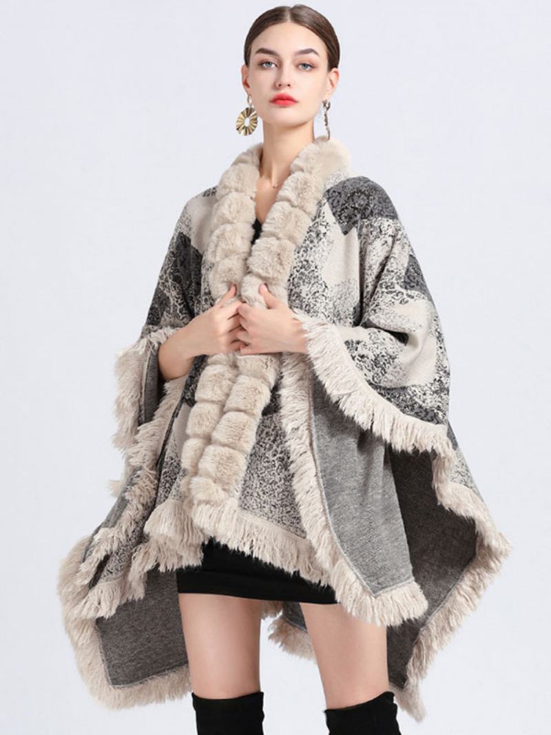 Cloak Cape Faux Fur Wraps Shawl Spring Poncho Coat Για Γυναίκες - Μπεζ