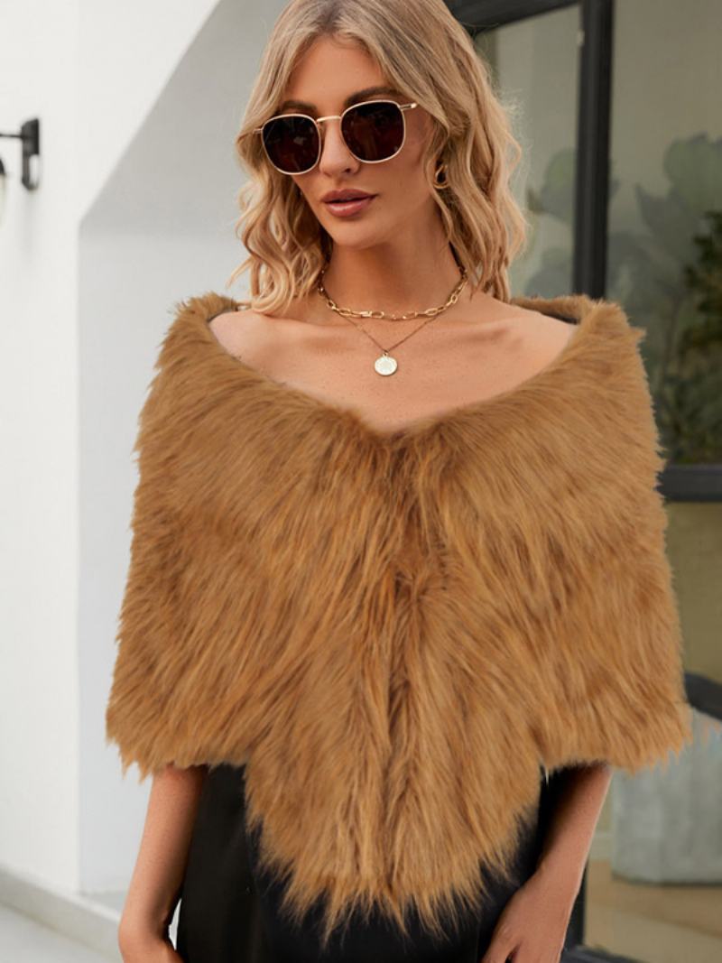 Faux Fur Poncho Bateau Λαιμός Μονόχρωμη Φθινοπωρινή Χειμερινή Γυναικεία Κάπα - Καμήλα