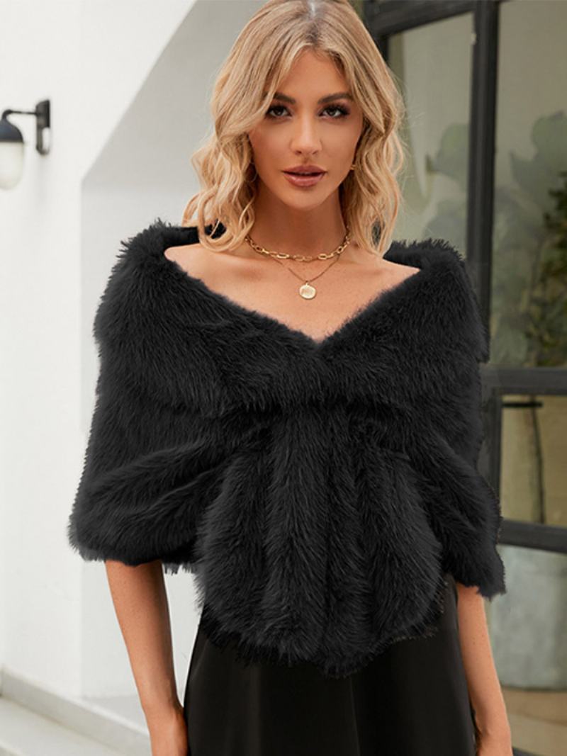 Faux Fur Poncho Bateau Λαιμός Μονόχρωμη Φθινοπωρινή Χειμερινή Γυναικεία Κάπα - Μαύρο