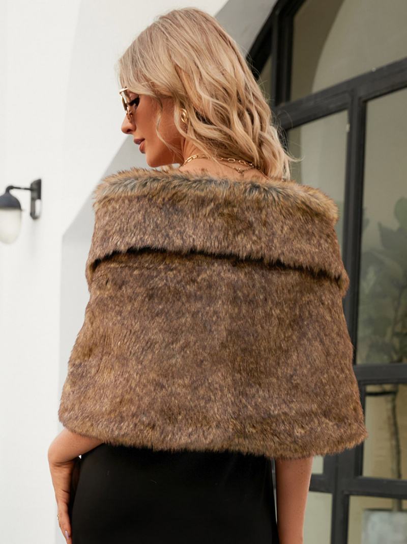 Faux Fur Poncho Bateau Λαιμός Μονόχρωμη Φθινοπωρινή Χειμερινή Γυναικεία Κάπα - Χακί