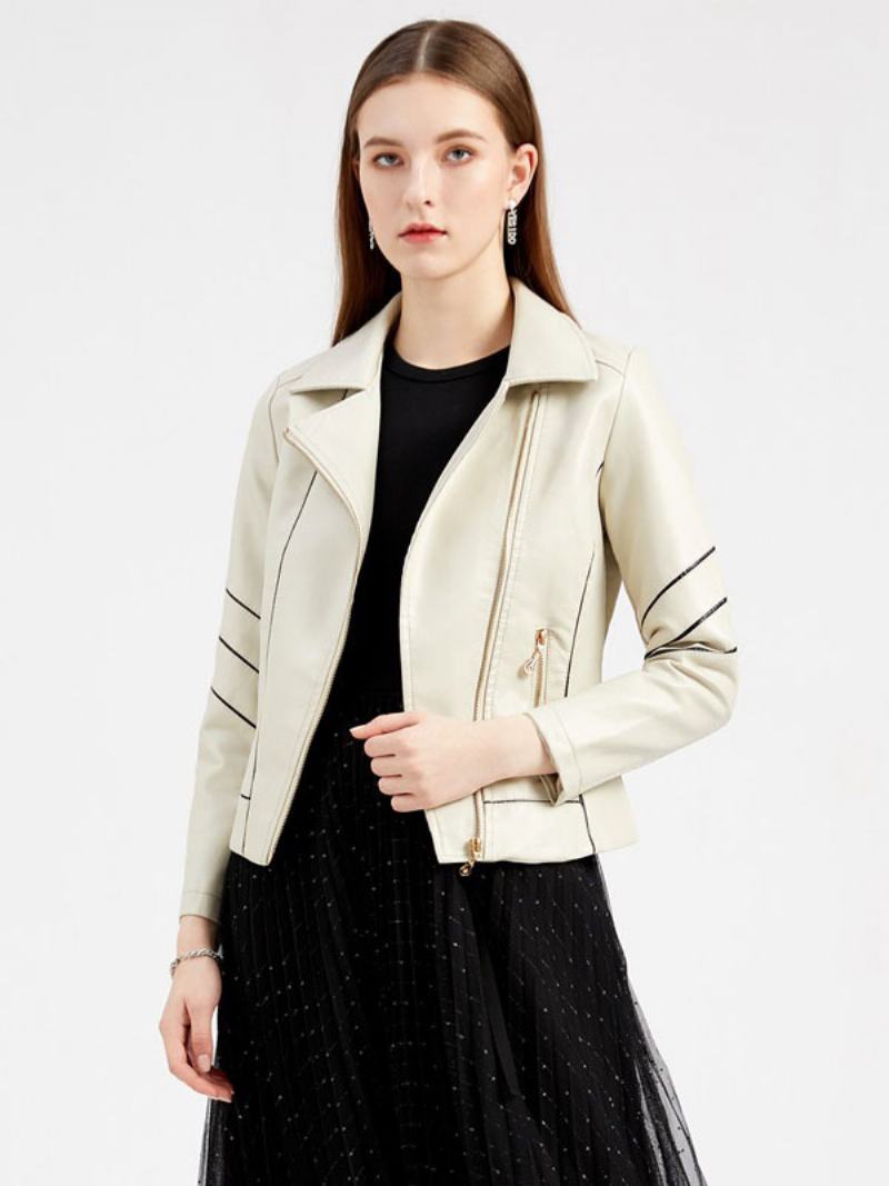 Faux Leather Moto Jacket Ecru White Pu Δίχρωμο Με Φερμουάρ Πέτο Άνοιξη Φθινοπωρινό Field Biker Εξωτερικά Ενδύματα Για Γυναίκες - Μπεζ