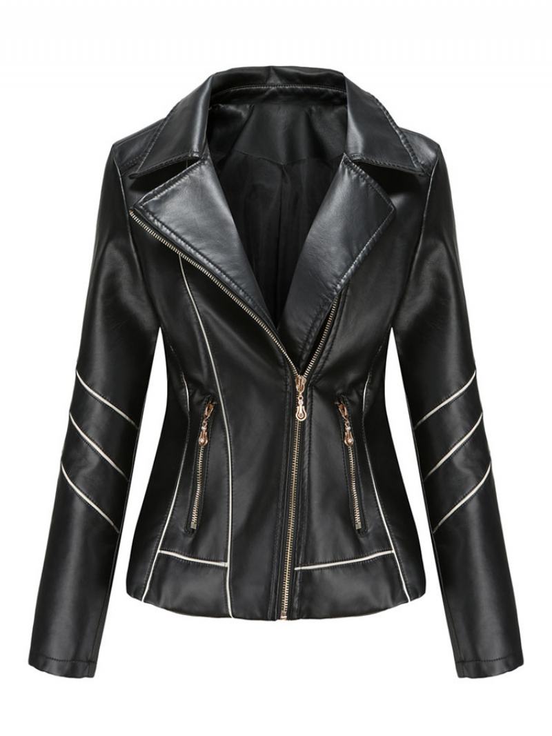 Faux Leather Moto Jacket Ecru White Pu Δίχρωμο Με Φερμουάρ Πέτο Άνοιξη Φθινοπωρινό Field Biker Εξωτερικά Ενδύματα Για Γυναίκες - Μαύρο