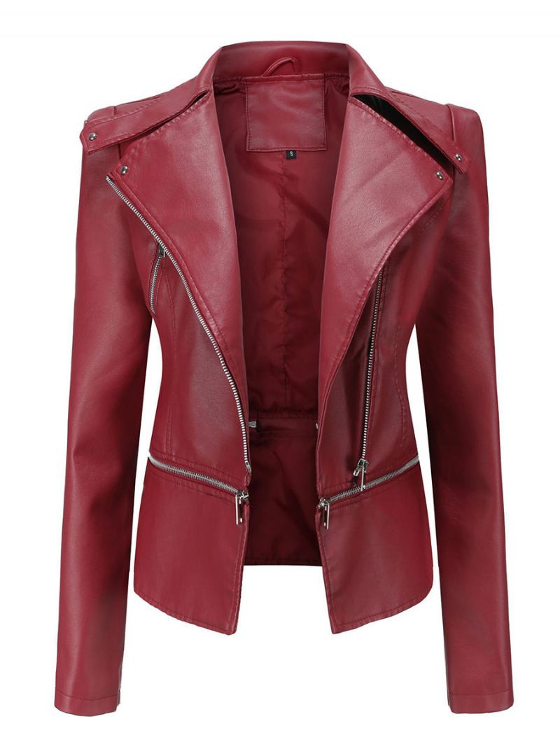 Faux Leather Moto Jacket Light Βερίκοκο Pu Αποσπώμενο Στρίφωμα Πέτο Με Φερμουάρ Άνοιξη Φθινοπωρινό Field Biker Εξωτερικά Ρούχα Για Γυναίκες - Μπορντό