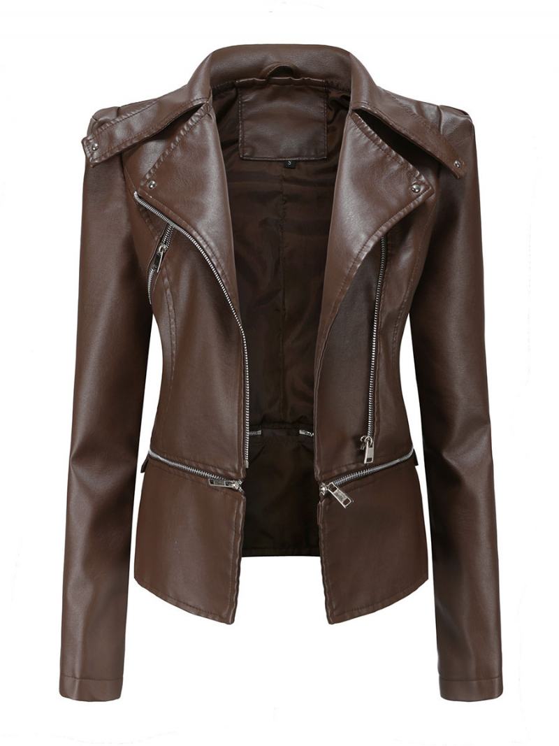 Faux Leather Moto Jacket Light Βερίκοκο Pu Αποσπώμενο Στρίφωμα Πέτο Με Φερμουάρ Άνοιξη Φθινοπωρινό Field Biker Εξωτερικά Ρούχα Για Γυναίκες - Βαθύ Καφέ