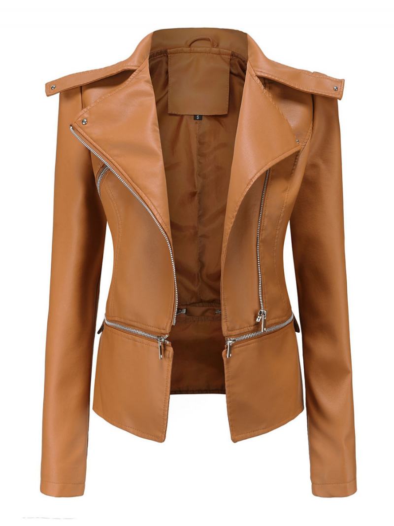 Faux Leather Moto Jacket Light Βερίκοκο Pu Αποσπώμενο Στρίφωμα Πέτο Με Φερμουάρ Άνοιξη Φθινοπωρινό Field Biker Εξωτερικά Ρούχα Για Γυναίκες - Camel