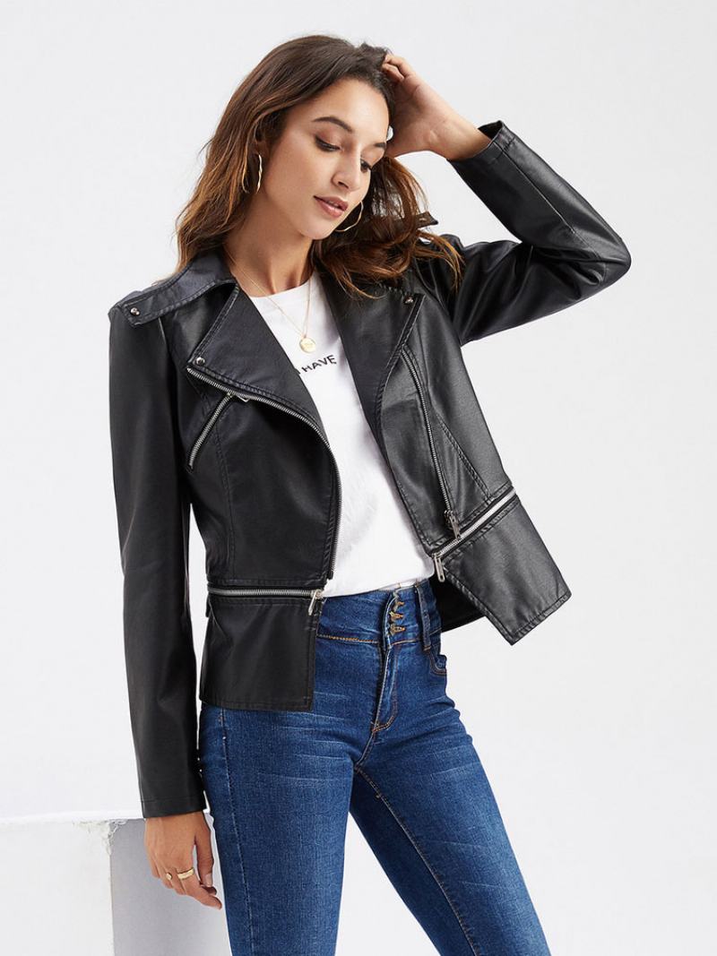 Faux Leather Moto Jacket Light Βερίκοκο Pu Αποσπώμενο Στρίφωμα Πέτο Με Φερμουάρ Άνοιξη Φθινοπωρινό Field Biker Εξωτερικά Ρούχα Για Γυναίκες - Μαύρο