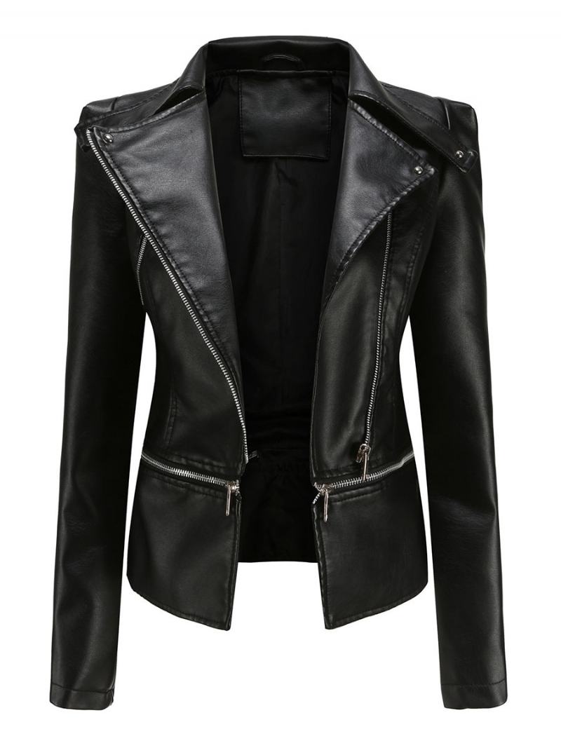 Faux Leather Moto Jacket Light Βερίκοκο Pu Αποσπώμενο Στρίφωμα Πέτο Με Φερμουάρ Άνοιξη Φθινοπωρινό Field Biker Εξωτερικά Ρούχα Για Γυναίκες - Μαύρο