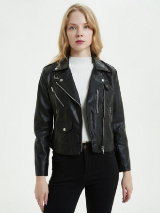 Faux Leather Moto Jacket Pu Turndown Γιακά Με Φερμουάρ Boyfriend Style Slim Fit Lapel Spring Fall Black Biker Γυναικεία Εξωτερικά Ενδύματα