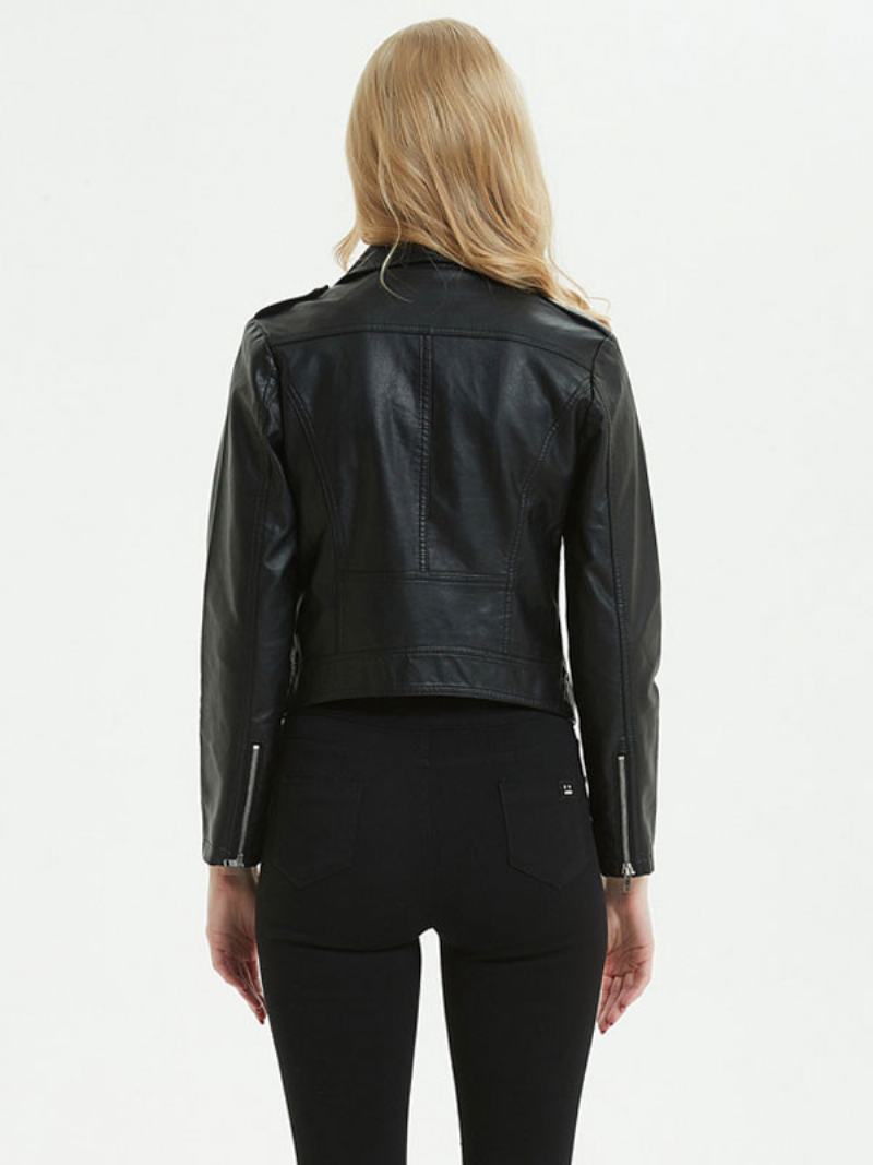 Faux Leather Moto Jacket Pu Turndown Γιακά Με Φερμουάρ Boyfriend Style Slim Fit Lapel Spring Fall Black Biker Γυναικεία Εξωτερικά Ενδύματα - Μαύρο