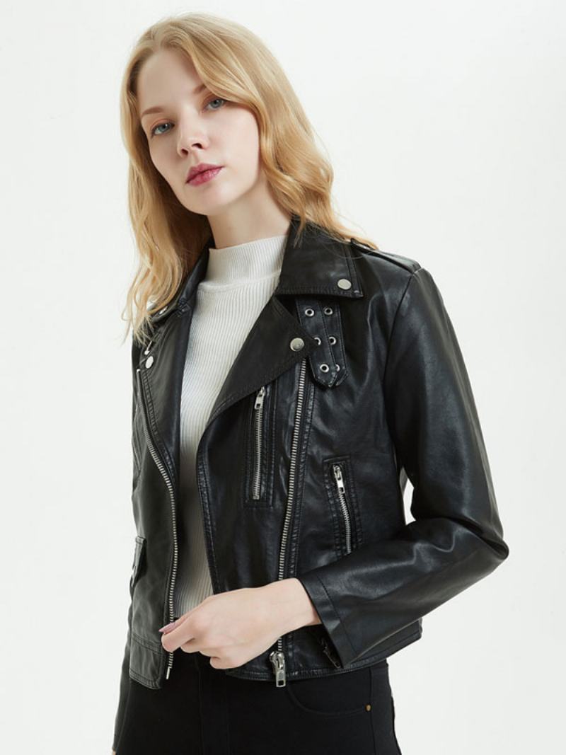 Faux Leather Moto Jacket Pu Turndown Γιακά Με Φερμουάρ Boyfriend Style Slim Fit Lapel Spring Fall Black Biker Γυναικεία Εξωτερικά Ενδύματα - Μαύρο