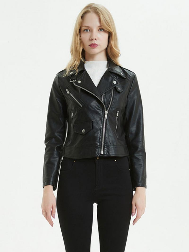 Faux Leather Moto Jacket Pu Turndown Γιακά Με Φερμουάρ Boyfriend Style Slim Fit Lapel Spring Fall Black Biker Γυναικεία Εξωτερικά Ενδύματα - Μαύρο