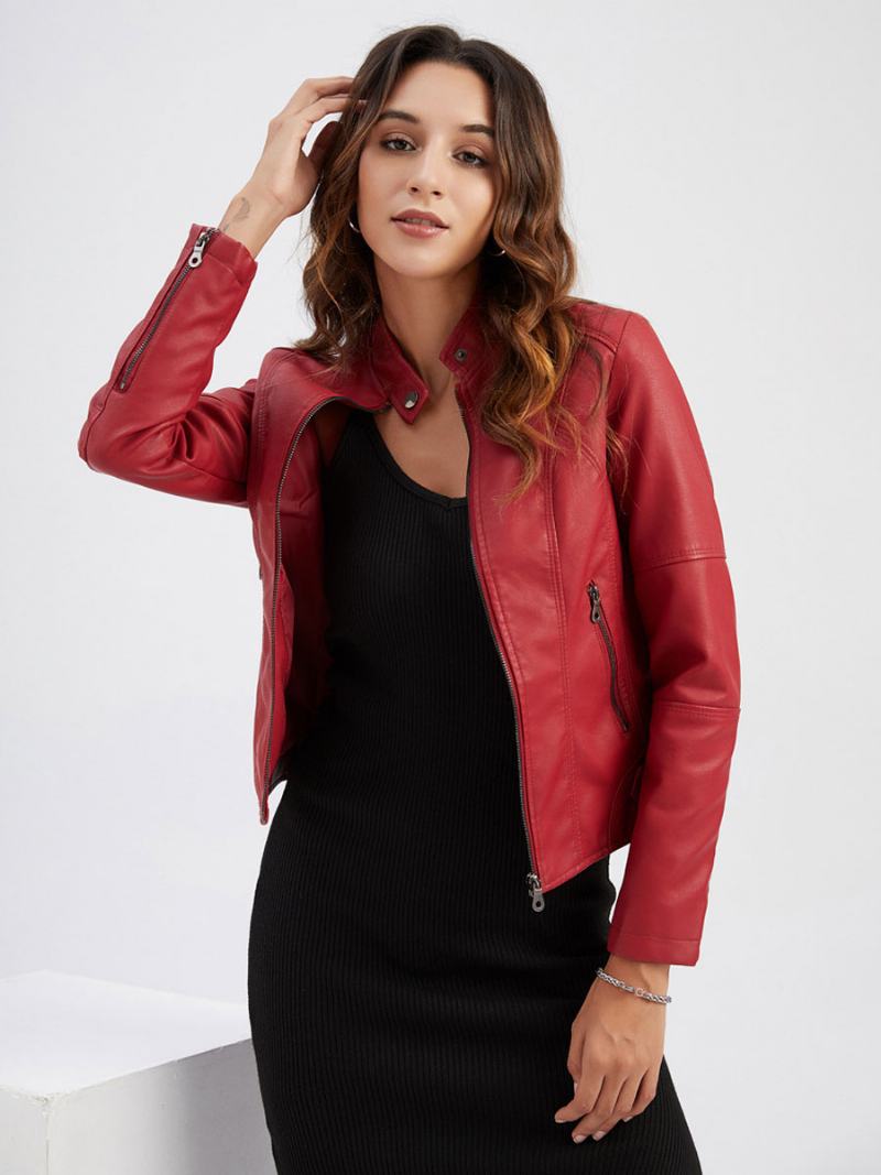 Faux Leather Moto Jacket Stand Γιακά Με Φερμουάρ Κόκκινο Μονόχρωμο Pu Άνοιξη Φθινοπωρινά Εξωτερικά Ενδύματα Biker Για Γυναίκες