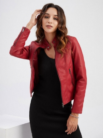 Faux Leather Moto Jacket Stand Γιακά Με Φερμουάρ Κόκκινο Μονόχρωμο Pu Άνοιξη Φθινοπωρινά Εξωτερικά Ενδύματα Biker Για Γυναίκες