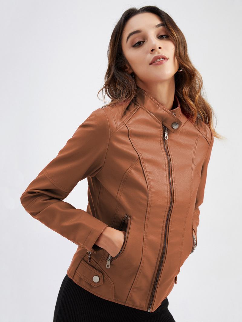 Faux Leather Moto Jacket Stand Γιακά Με Φερμουάρ Κόκκινο Μονόχρωμο Pu Άνοιξη Φθινοπωρινά Εξωτερικά Ενδύματα Biker Για Γυναίκες - Camel