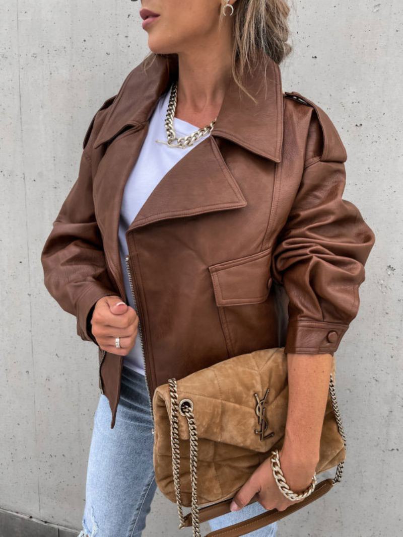 Faux Leather Moto Jacket Μαύρο Πέτο Με Φερμουάρ Pu Oversized Άνοιξη Φθινόπωρο Biker Εξωτερικά Ρούχα Για Γυναίκες - Καφέ Καφέ