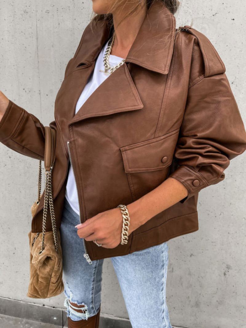 Faux Leather Moto Jacket Μαύρο Πέτο Με Φερμουάρ Pu Oversized Άνοιξη Φθινόπωρο Biker Εξωτερικά Ρούχα Για Γυναίκες - Καφέ Καφέ