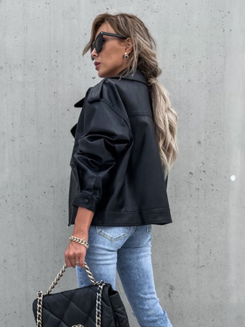 Faux Leather Moto Jacket Μαύρο Πέτο Με Φερμουάρ Pu Oversized Άνοιξη Φθινόπωρο Biker Εξωτερικά Ρούχα Για Γυναίκες - Μαύρο