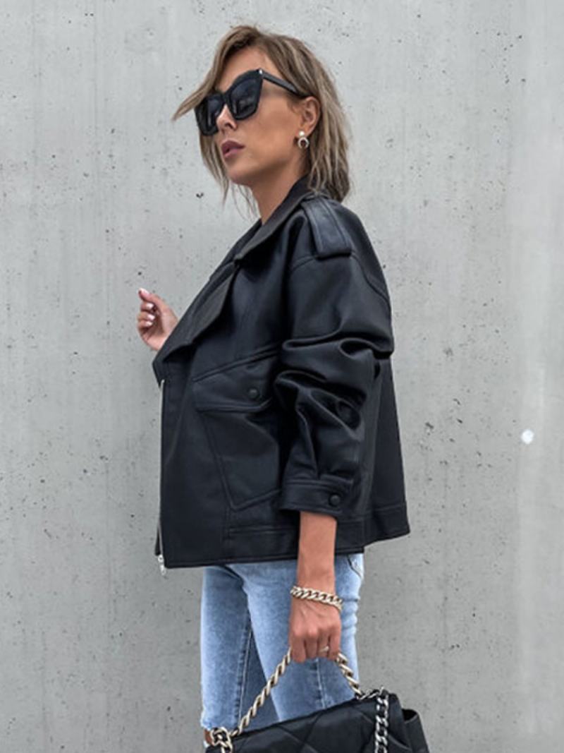 Faux Leather Moto Jacket Μαύρο Πέτο Με Φερμουάρ Pu Oversized Άνοιξη Φθινόπωρο Biker Εξωτερικά Ρούχα Για Γυναίκες - Μαύρο