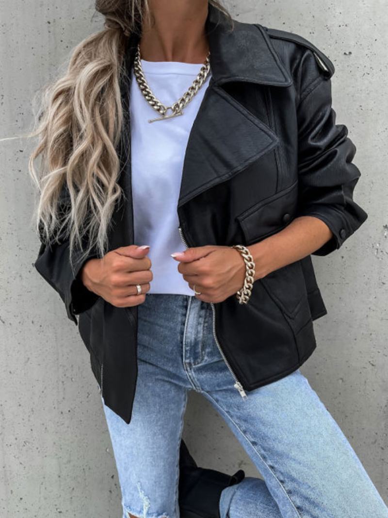 Faux Leather Moto Jacket Μαύρο Πέτο Με Φερμουάρ Pu Oversized Άνοιξη Φθινόπωρο Biker Εξωτερικά Ρούχα Για Γυναίκες - Μαύρο