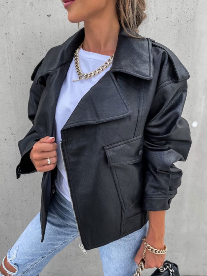 Faux Leather Moto Jacket Μαύρο Πέτο Με Φερμουάρ Pu Oversized Άνοιξη Φθινόπωρο Biker Εξωτερικά Ρούχα Για Γυναίκες - Μαύρο