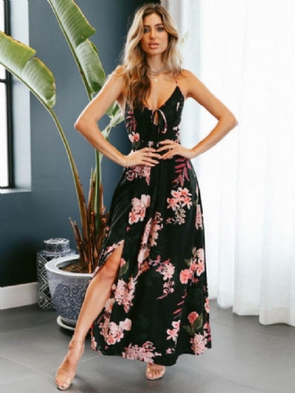 Floral Maxi Γυναικείο Φόρεμα Τσαγιού Spaghetti Λουράκια Με Κορδόνια Σχιστό Καλοκαιρινό Από Σιφόν