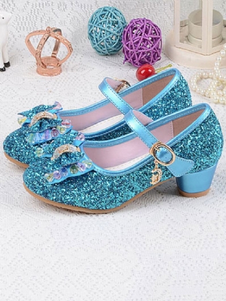 Flower Παπούτσια Για Κορίτσια Glitter Bow Mary Jane Chunky Heel Pumps