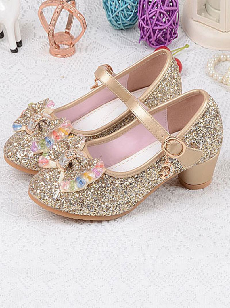 Flower Παπούτσια Για Κορίτσια Glitter Bow Mary Jane Chunky Heel Pumps - Χρυσό