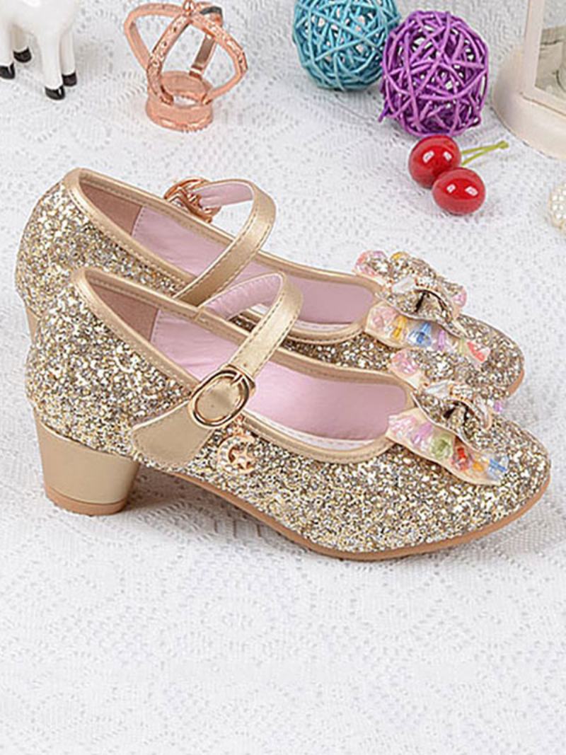 Flower Παπούτσια Για Κορίτσια Glitter Bow Mary Jane Chunky Heel Pumps - Χρυσό