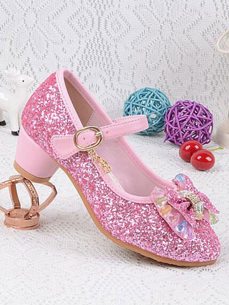 Flower Παπούτσια Για Κορίτσια Glitter Bow Mary Jane Chunky Heel Pumps - Ροζ