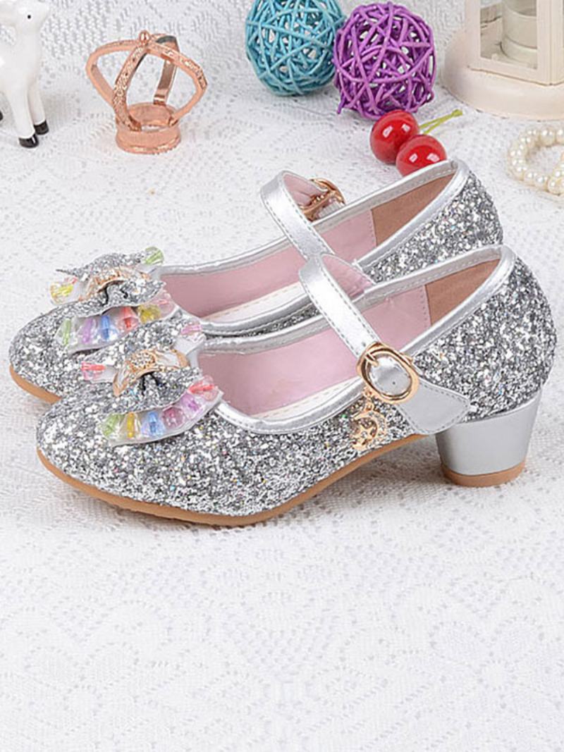 Flower Παπούτσια Για Κορίτσια Glitter Bow Mary Jane Chunky Heel Pumps - Ασημί