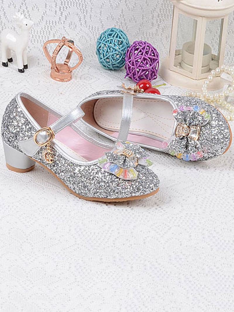 Flower Παπούτσια Για Κορίτσια Glitter Bow Mary Jane Chunky Heel Pumps - Ασημί