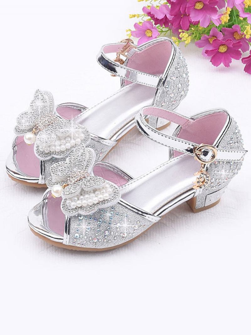 Flower Παπούτσια Για Κορίτσια Rhinestones Butterfly Mary Jane Σανδάλια Με Χαμηλό Τακούνι - Ασημί