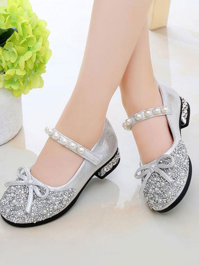 Girls Glitter Bow Pearls Mary Jane Flower Girl Flats