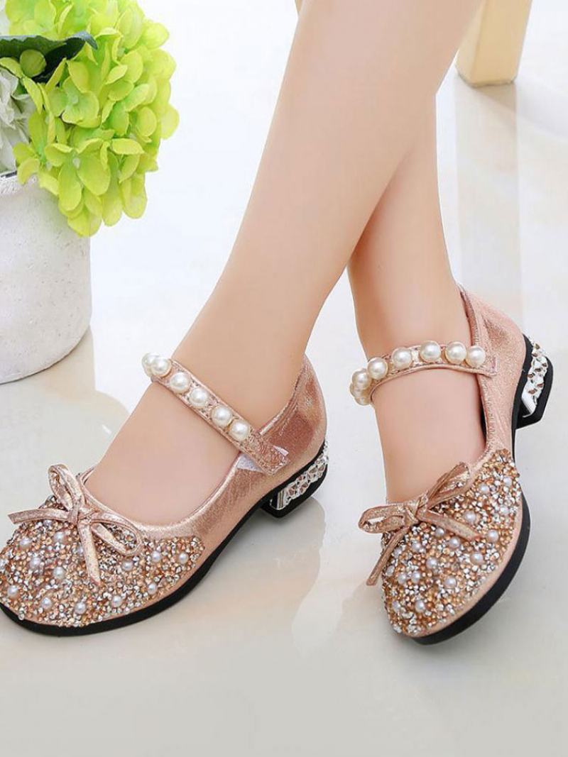 Girls Glitter Bow Pearls Mary Jane Flower Girl Flats - Ροζ